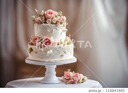 Beautiful wedding cake adorned with delicate pastel roses, elegantly displayed on a cake pedestal stand, creating a romantic and enchanting centerpiece for the celebration. AI Generated 118841985
