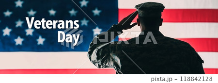 Silhouette of a soldier saluting the American flag at sunset, symbolizing freedom and heroism for Veterans Day. 118842128