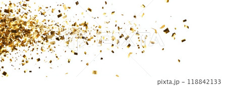 Golden confetti explosion on a bright white background. Ideal for Christmas, New Year's Eve, and holiday celebrations. 118842133