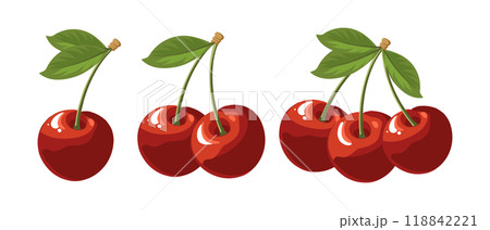 Set of twigs with cherries isolated on white background. Sweet red berry. Illustration, fruit icons 118842221