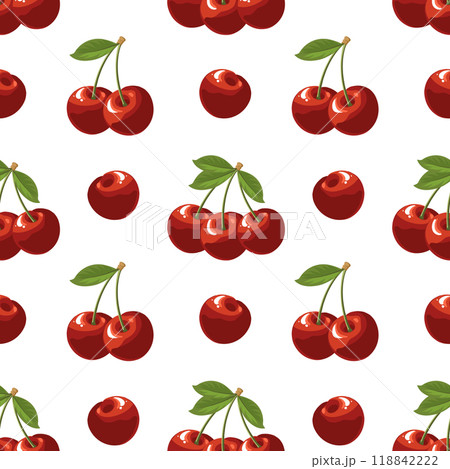 Seamless pattern with cherry berries and leaves on white background. Fruit background, packaging illustration 118842222