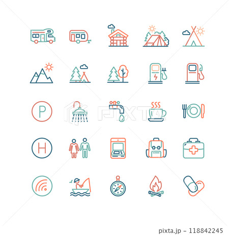Camping Sign Color Thin Line Icon Set. Vector Camping Sign Color Thin Line Icon Set. Vector 118842245