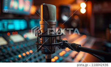 A well equipped broadcast recording studio showcases a microphone and sound mixer amid colorful digital displays 118842436