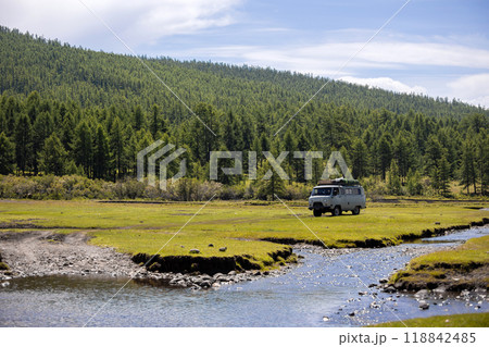 Russian off-road van with tourists moving somewhere in Mongolia 118842485