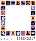 Hand drawn cartoon halloween frame with pumpkin, ghost, cat, sweets and scull. Colorful vector border template 118842817