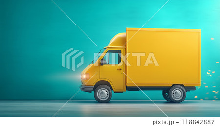 Bright yellow delivery truck on a turquoise background 118842887