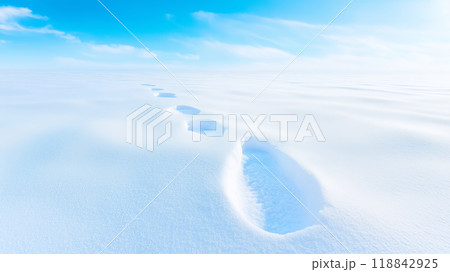 Footprints in fresh snow under a clear blue sky 118842925
