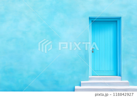 Bright blue door against a vibrant turquoise wall 118842927