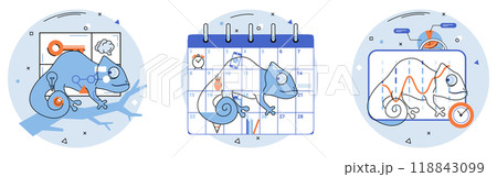 Adaptability. Blue chameleon integrated with charts, diagrams, and calendars. Ideal for business flexibility personal development time management data analysis and strategic planning. Minimalist 118843099