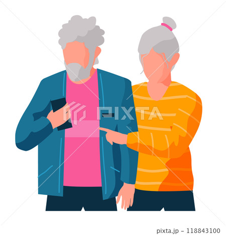 Pair of smiling elderly man and woman surfing internet together. Happy old couple studying smartphone. Complete old people with digital technologies. Grandparents are using gadget for chatting 118843100