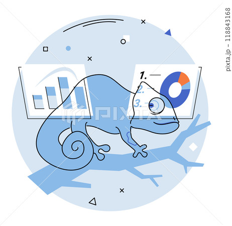 Adaptability. A chameleon sitting on a branch changes colors to blend with graph presentations. Ideal for business analytics, flexibility, market trends, data adaptation, and strategic planning 118843168