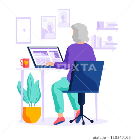 Elderly woman sitting with computer. Old female character, pensioner with digital technology. Remote work from home, distance learning, freelance for retired people. Active social life at any age 118843169