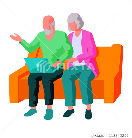 Old people sit together on an orange sofa while using a laptop. Ideal for themes of elderly, technology, togetherness, education, and connectivity. Illustrated in a colorful, modern style 118843295