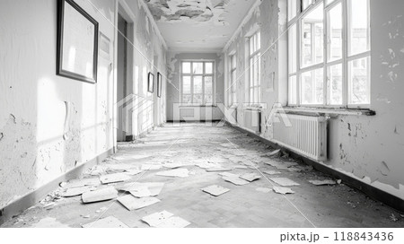 Abandoned Building Hallway with Peeling Paint and Scattered Debris - Black and White Photography. Abandoned Building Hallway with Peeling Paint and Scattered Debris - Black and White Photography. 118843436