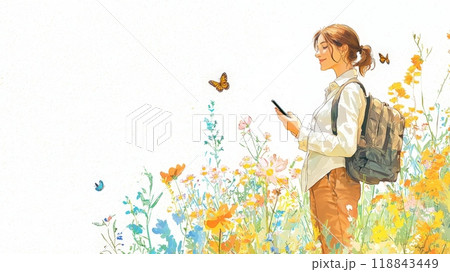 Woman with Backpack and Phone in a Field of Wildflowers. 118843449