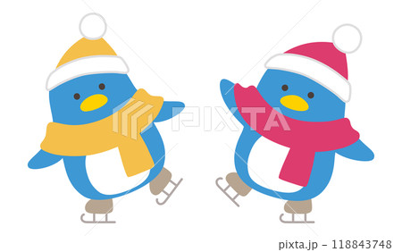 スケートするペンギンのベクターイラスト。冬、帽子、マフラー、鳥、クリスマス 118843748