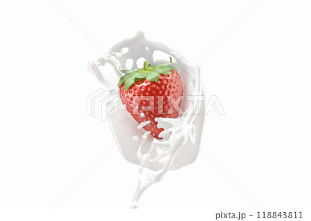Strawberry falling in milk splash mockup, depth of field 118843811