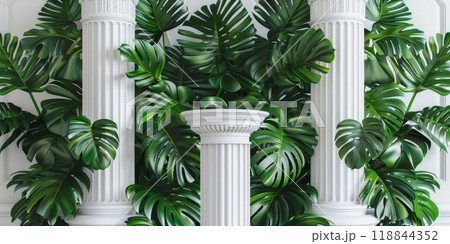 White columns in a building facade with green areca palms around 118844352