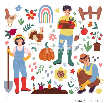 House farm. Cute gardener. Happy agriculture worker. Care of domestic animals. Farmers grow vegetables. Chicken and turkey. Organic products. Home garden. Village flowers. Vector farming elements set 118844356