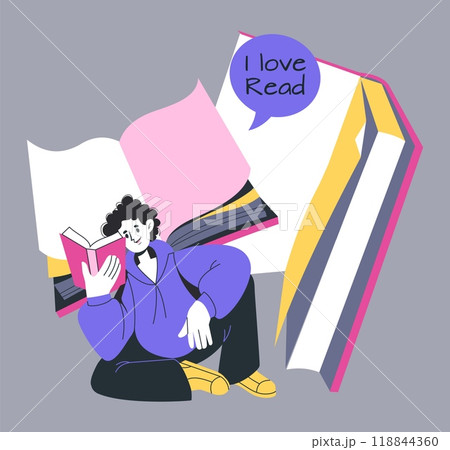 Love read. Man with books. Literature club. Bookcrossing card. Cartoon bookworm. Big textbooks. Students education. Reader enjoying of novel. Bookstore banner. People hobbies. Vector library poster 118844360