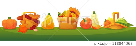Cartoon autumn icon. Yellow leaf, pumpkin and mushroom. Sticker Thanksgiving, farm agriculture plant. Healthy fall. Holiday food wicker basket vegetables and fruits. Vector isolated illustration set Cartoon autumn icon. Yellow leaf, pumpkin and mushroom. Sticker Thanksgiving, farm agriculture plant. Healthy fall. Holiday food wicker basket vegetables and fruits. Vector isolated illustration set 118844368
