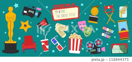 Cinema icon. Oscar statue award. Hollywood movie, popcorn camera. Film director and actor, production filmmaking media art. Cartoon flat style isolated cinematography illustration. Vector doodle logo Cinema icon. Oscar statue award. Hollywood movie, popcorn camera. Film director and actor, production filmmaking media art. Cartoon flat style isolated cinematography illustration. Vector doodle logo 118844373
