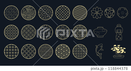 Japanese pattern. Japan symbol. Asian tradition. Line design icon. Floral frame. Round art print. Lantern or sakura flower. Chinese gold ornament. Koi fish. Asia insignia. Vector oriental elements set Japanese pattern. Japan symbol. Asian tradition. Line design icon. Floral frame. Round art print. Lantern or sakura flower. Chinese gold ornament. Koi fish. Asia insignia. Vector oriental elements set 118844378
