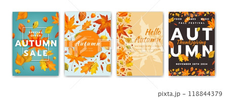 Autumn Thanksgiving, holiday poster. Fall background with realistic leaves, card design. Harvest pattern, flyer leaf. Poster foliage, decoration leaf border. Banner orange sale template. Vector layout Autumn Thanksgiving, holiday poster. Fall background with realistic leaves, card design. Harvest pattern, flyer leaf. Poster foliage, decoration leaf border. Banner orange sale template. Vector layout 118844379