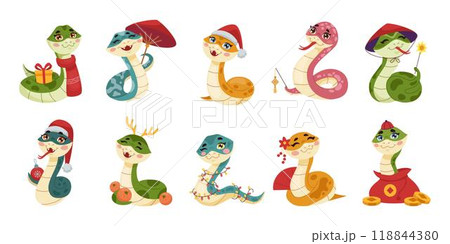 2025 New Year. Snake cartoon character. Chinese animal. Funny reptile. Symbol of holiday. Zodiac viper. Asian mascot. Horoscope tradition celebration. Xmas hat. Vector cartoon tidy baby serpents set 118844380