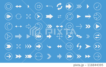 Icon arrow. Button sign. UI navigation interface. Cursor element. Pointer symbol. Right and left direction. Abstract logo in round shape. Next and repeat. Forward line pictogram. Vector garish set 118844395