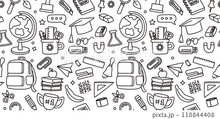 Back to school. Children education background. Stationery icons pattern seamless. Studying supply elements. Teachers book. Repeated print. Students backpack. Pencil bag. Vector doodle draw texture Back to school. Children education background. Stationery icons pattern seamless. Studying supply elements. Teachers book. Repeated print. Students backpack. Pencil bag. Vector doodle draw texture 118844408
