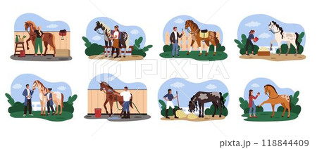 Horse care. Domestic animals farm. People riding equestrian. Horseback sport. Stableman feeding and washing stallions. Pony pet training. Equine grooming and treatment. Equestrianism vector tidy set 118844409