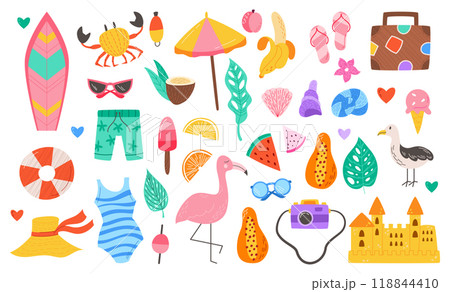Summer vibe. Beach abstract icon. Happy vacation. Trip holiday. Sand castle. Cartoon travel tour art. Palm leaf. Doodle fruit. Ice cream. Sunbathing umbrella. Sunglasses and bikini. Vector garish set 118844410