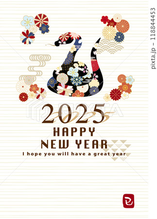 2025年巳年　和風花柄のヘビの年賀状テンプレート 118844453