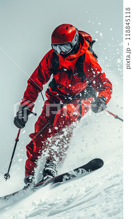 A Dash of Red in the Snowy Wilderness: A Skier's Graceful Descent 118845118