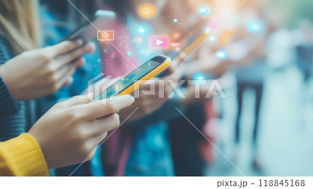 Urban youth engrossed in smartphones, displaying various social media interactions. Lifestyle and digital communication concept. 118845168