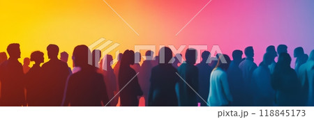 Crowd of diverse individuals standing together against a colorful gradient background. Concept of diversity and inclusion. 118845173