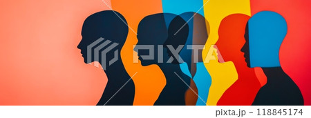 Colorful outlines of human profiles in a row, showcasing diversity and cultural unity. 118845174