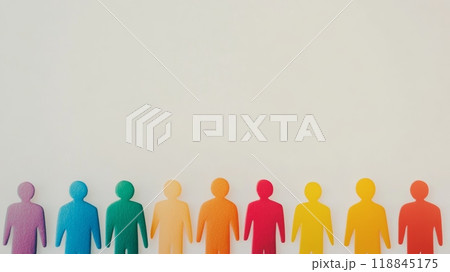 Panoramic shot of colorful silhouettes representing diverse individuals in a unified society. 118845175