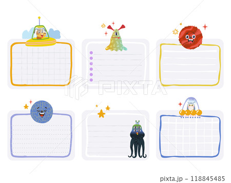 A set note templates with aliens and space theme. Vector illustration A set note templates with aliens and space theme. Vector illustration 118845485