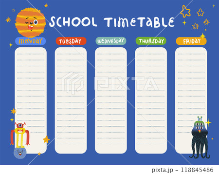 Template for school class schedule with stars and funny monsters. Vector illustration 118845486