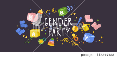 An invitation template for a gender party. Vertical banner with cubes, a pacifier, a drinking cup, a pyramid, a rattle, socks. 118845488