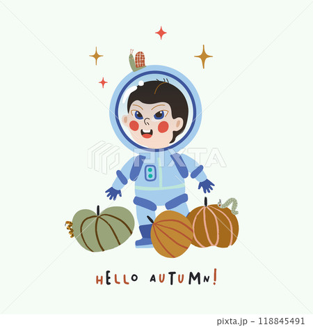 Vector illustration with a boy astronaut and pumpkins. Autumn illustration for a postcard 118845491
