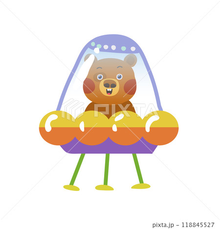 A bear is flying on a flying saucer on a white background. Vector illustration A bear is flying on a flying saucer on a white background. Vector illustration 118845527
