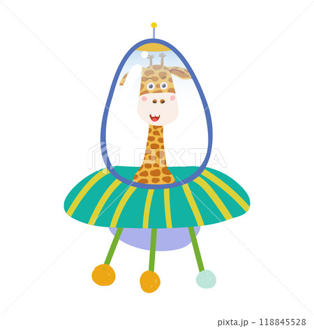 A giraffe is flying on a flying saucer on a white background. Vector illustration A giraffe is flying on a flying saucer on a white background. Vector illustration 118845528