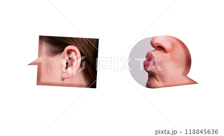 Collage. Woman ear next to mouth puckering up in blowing a kiss placed in speech bubbles, against white background Collage. Woman ear next to mouth puckering up in blowing a kiss placed in speech bubbles, against white background 118845636