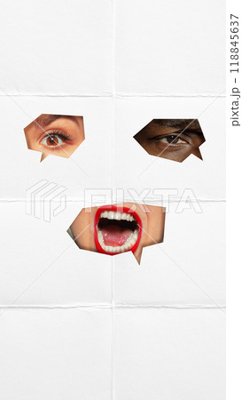 Collage. Speech bubbles with various face parts, female mouth shouting, eyes looking, isolated on white background. Collage. Speech bubbles with various face parts, female mouth shouting, eyes looking, isolated on white background. 118845637