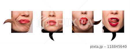 Collage. Speech bubbles with four different female mouths expressing various emotions. Funny face, smile, sticking out tongue. White background. 118845640
