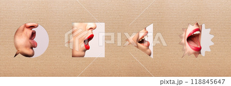 Collage. Four mouths inside speech bubbles, each expressing different emotion. Sticking out tongue, screaming, smiling, and shouting. 118845647
