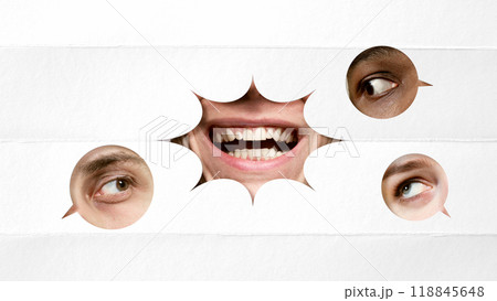 Collage. Large, open mouth with surprised expression, surrounded by four smaller circles depicting eyes looking at mouth with curiosity. 118845648